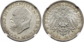 Silbermünzen des Kaiserreiches. BAYERN. 
Ludwig III. 1913-1918. 3 Mark 1914 D. J. 52. In Plastikholder der NGC (slabbed) mit der Bewertung MS 65+ fas...