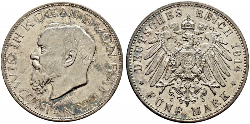 Silbermünzen des Kaiserreiches. BAYERN. 
Ludwig III. 1913-1918. 5 Mark 1914 D. ...