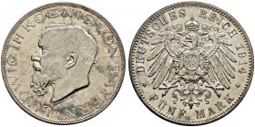 Silbermünzen des Kaiserreiches. BAYERN. 
Ludwig III. 1913-1918. 5 Mark 1914 D. J. 53. leichte Tönung, winzige Kratzer, vorzüglich-Stempelglanz