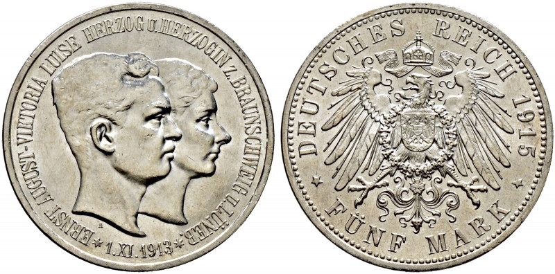 Silbermünzen des Kaiserreiches. BRAUNSCHWEIG. 
Ernst August 1913-1916. 5 Mark 1...