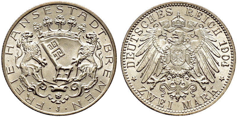 Silbermünzen des Kaiserreiches. BREMEN. 
2 Mark 1904 J. J. 59. fast Stempelglan...