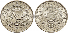 Silbermünzen des Kaiserreiches. BREMEN. 
2 Mark 1904 J. J. 59. fast Stempelglanz