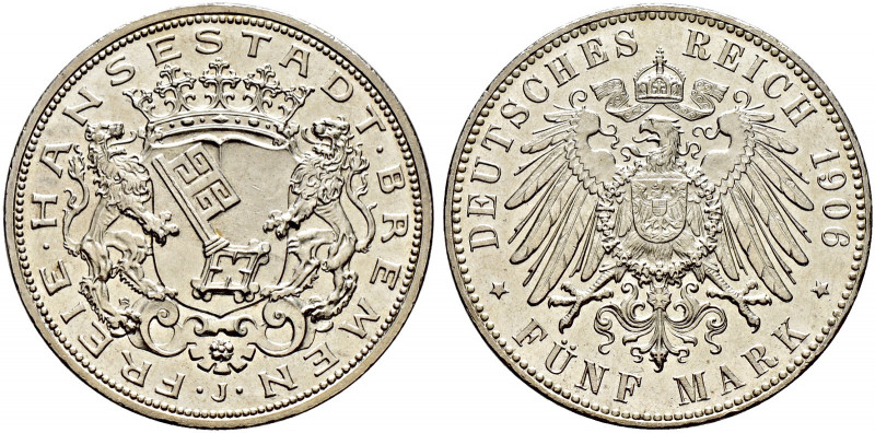 Silbermünzen des Kaiserreiches. BREMEN. 
5 Mark 1906 J. J. 60. minimale Kratzer...