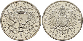 Silbermünzen des Kaiserreiches. BREMEN. 
5 Mark 1906 J. J. 60. minimale Kratzer und Randfehler, vorzüglich-prägefrisch