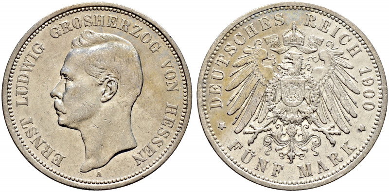 Silbermünzen des Kaiserreiches. HESSEN. 
Ernst Ludwig 1892-1918. 5 Mark 1900 A....