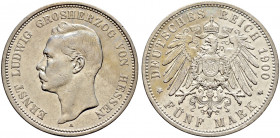 Silbermünzen des Kaiserreiches. HESSEN. 
Ernst Ludwig 1892-1918. 5 Mark 1900 A. J. 73. kleine Kratzer, sehr schön