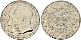 Silbermünzen des Kaiserreiches. HESSEN. 
Ernst Ludwig 1892-1918. 5 Mark 1904. Philipp der Großmütige. J. 75. minimale Kratzer und Randfehler, vorzügl...