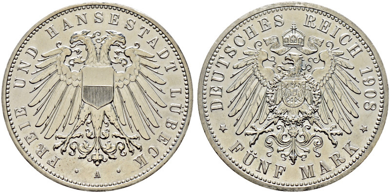Silbermünzen des Kaiserreiches. LÜBECK. 
5 Mark 1908 A. J. 83. leicht zaponiert...