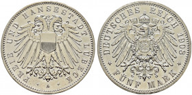 Silbermünzen des Kaiserreiches. LÜBECK. 
5 Mark 1908 A. J. 83. leicht zaponiert, minimale Randunebenheiten, vorzüglich