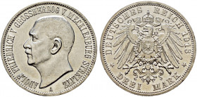 Silbermünzen des Kaiserreiches. MECKLENBURG-STRELITZ. 
Adolf Friedrich V. 1904-1914. 3 Mark 1913 A. 65. Geburtstag. J. 92. fast Stempelglanz