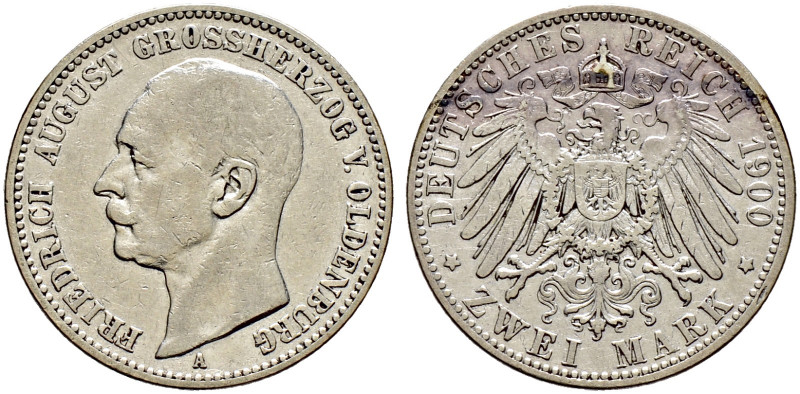 Silbermünzen des Kaiserreiches. OLDENBURG. 
Friedrich August 1900-1918. 2 Mark ...