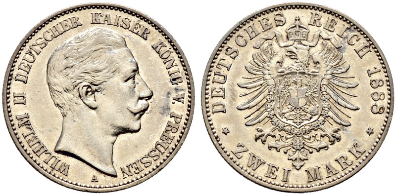 Silbermünzen des Kaiserreiches. PREUSSEN. 
Wilhelm II. 1888-1918. 2 Mark 1888 A...