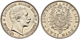 Silbermünzen des Kaiserreiches. PREUSSEN. 
Wilhelm II. 1888-1918. 2 Mark 1888 A. J. 100. sehr schön-vorzüglich