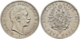 Silbermünzen des Kaiserreiches. PREUSSEN. 
Wilhelm II. 1888-1918. 5 Mark 1888 A. J. 101. minimale Kratzer und Randfehler, sehr schön-vorzüglich/vorzü...
