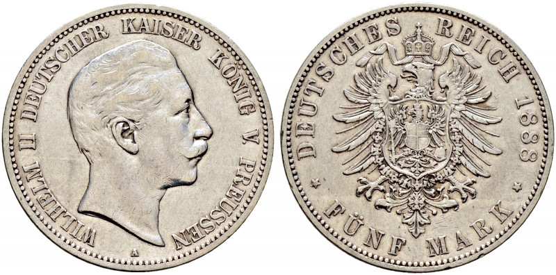 Silbermünzen des Kaiserreiches. PREUSSEN. 
Wilhelm II. 1888-1918. 5 Mark 1888 A...
