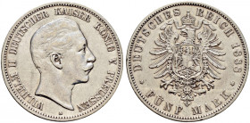 Silbermünzen des Kaiserreiches. PREUSSEN. 
Wilhelm II. 1888-1918. 5 Mark 1888 A. J. 101. kleine Randfehler, sehr schön