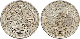 Silbermünzen des Kaiserreiches. PREUSSEN. 
Wilhelm II. 1888-1918. 3 Mark 1915 A. Mansfelder Bergbau. J. 115. kleine Randfehler, vorzüglich-prägefrisc...