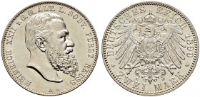 Silbermünzen des Kaiserreiches. REUSS-ÄLTERE LINIE. 
Heinrich XXII. 1867-1902. 2 Mark 1899 A. J. 118. Prachtexemplar, fast Stempelglanz