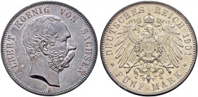 Silbermünzen des Kaiserreiches. SACHSEN. 
Albert 1873-1902. 5 Mark 1901 E. J. 125. selten in dieser Erhaltung, feine Patina, kleine Kratzer, vorzügli...