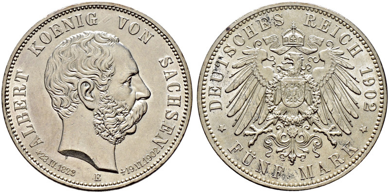 Silbermünzen des Kaiserreiches. SACHSEN. 
Albert 1873-1902. 5 Mark 1902 E. Auf ...