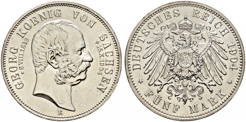 Silbermünzen des Kaiserreiches. SACHSEN. 
Georg 1902-1904. 5 Mark 1904 E. Auf s...