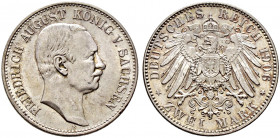 Silbermünzen des Kaiserreiches. SACHSEN. 
Friedrich August III. 1904-1918. 2 Mark 1906 E. J. 134. vorzüglich-Stempelglanz