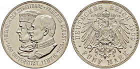 Silbermünzen des Kaiserreiches. SACHSEN. 
Friedrich August III. 1904-1918. 5 Mark 1909. Uni Leipzig. J. 139. kleine Kratzer auf dem Avers, vorzüglich...