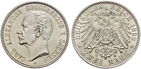 Silbermünzen des Kaiserreiches. SACHSEN-WEIMAR-EISENACH. 
Carl Alexander 1853-1901. 2 Mark 1892 A. Goldene Hochzeit. J. 156. leichte Kratzer auf dem ...