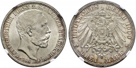 Silbermünzen des Kaiserreiches. SCHWARZBURG-SONDERSHAUSEN. 
Karl Günther 1880-1909. 3 Mark 1909 A. Auf seinen Tod. J. 170. In Plastikholder der NGC (...