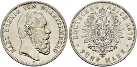 Silbermünzen des Kaiserreiches. WÜRTTEMBERG. 
Karl 1864-1891. 5 Mark 1876 F. J. 173. minimaler Randfehler, sehr schön-vorzüglich