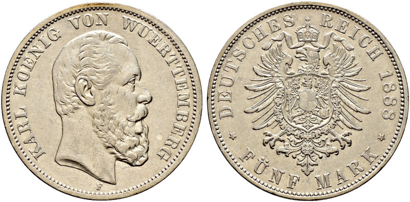 Silbermünzen des Kaiserreiches. WÜRTTEMBERG. 
Karl 1864-1891. 5 Mark 1888 F. J....