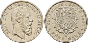 Silbermünzen des Kaiserreiches. WÜRTTEMBERG. 
Karl 1864-1891. 5 Mark 1888 F. J. 173. besserer Jahrgang, minimale Kratzer, gutes sehr schön