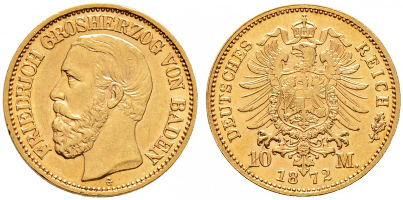 Reichsgoldmünzen. BADEN. 
Friedrich I. 1852-1907. 10 Mark 1872 G. J. 183. selte...