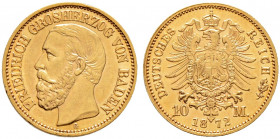 Reichsgoldmünzen. BADEN. 
Friedrich I. 1852-1907. 10 Mark 1872 G. J. 183. selten in dieser Erhaltung, vorzüglich-Stempelglanz