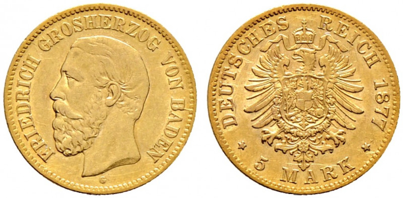 Reichsgoldmünzen. BADEN. 
Friedrich I. 1852-1907. 5 Mark 1877 G. J. 185. minima...