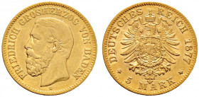 Reichsgoldmünzen. BADEN. 
Friedrich I. 1852-1907. 5 Mark 1877 G. J. 185. minimale Kratzer, sehr schön-vorzüglich