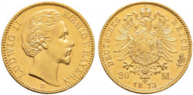 Reichsgoldmünzen. BAYERN. 
Ludwig II. 1864-1886. 20 Mark 1873 D. J. 194. kleine Kratzer, vorzüglich-prägefrisch