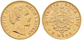 Reichsgoldmünzen. BAYERN. 
Ludwig II. 1864-1886. 5 Mark 1877 D. J. 195. leichte Schrötlingsfehler auf dem Revers, minimale Kratzer, fast vorzüglich...