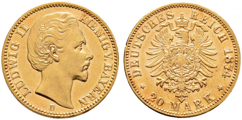 Reichsgoldmünzen. BAYERN. 
Ludwig II. 1864-1886. 20 Mark 1874 D. J. 197. leicht...