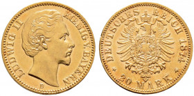 Reichsgoldmünzen. BAYERN. 
Ludwig II. 1864-1886. 20 Mark 1874 D. J. 197. leichter Randfehler, vorzüglich-prägefrisch