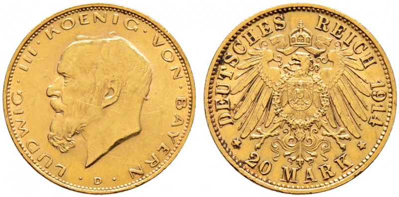 Reichsgoldmünzen. BAYERN. 
Ludwig III. 1913-1918. 20 Mark 1914 D. J. 202. sehr ...