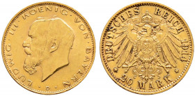 Reichsgoldmünzen. BAYERN. 
Ludwig III. 1913-1918. 20 Mark 1914 D. J. 202. sehr selten, minimale Kratzer und Randfehler, vorzüglich
