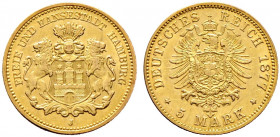 Reichsgoldmünzen. HAMBURG. 
5 Mark 1877 J. J. 208. kleine Kratzer, vorzüglich