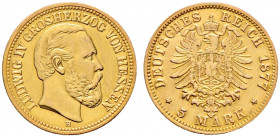 Reichsgoldmünzen. HESSEN. 
Ludwig IV. 1877-1892. 5 Mark 1877 H. J. 218. selten, Henkelspur, leicht poliert, sehr schön