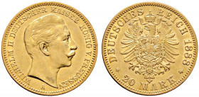Reichsgoldmünzen. PREUSSEN. 
Wilhelm II. 1888-1918. 20 Mark 1888 A. J. 250. kleine Kratzer, sehr schön-vorzüglich/vorzüglich
