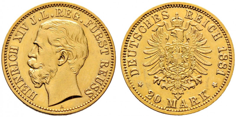 Reichsgoldmünzen. REUSS-JÜNGERE LINIE (SCHLEIZ). 
Heinrich XIV. 1867-1913. 20 M...