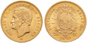 Reichsgoldmünzen. SACHSEN. 
Johann 1854-1873. 20 Mark 1872 E. J. 258. selten in dieser Erhaltung, vorzüglich-Stempelglanz/fast Stempelglanz