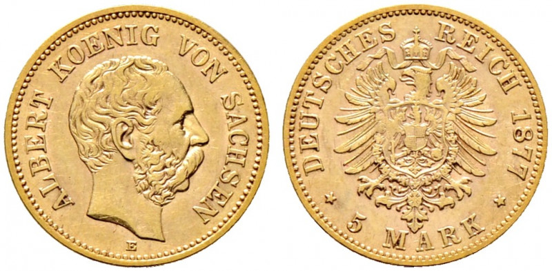 Reichsgoldmünzen. SACHSEN. 
Albert 1873-1902. 5 Mark 1877 E. J. 260. sehr schön...