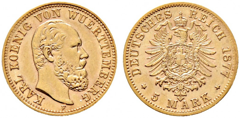 Reichsgoldmünzen. WÜRTTEMBERG. 
Karl 1864-1891. 5 Mark 1877 F. J. 291. vorzügli...