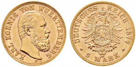 Reichsgoldmünzen. WÜRTTEMBERG. 
Karl 1864-1891. 5 Mark 1877 F. J. 291. vorzüglich-prägefrisch
